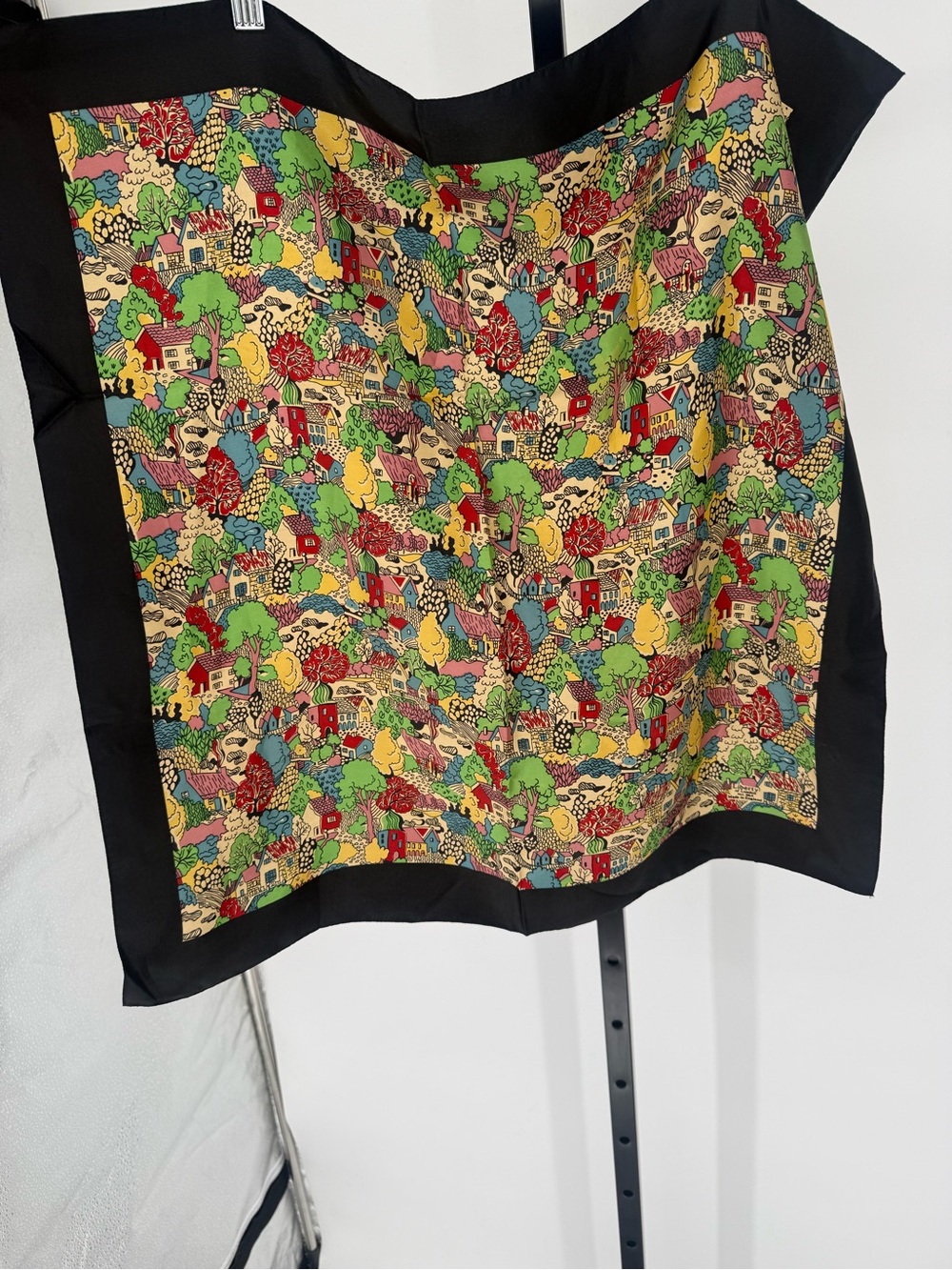 Liberty of London Silk Scarf w/ Colorful Village Scene & Black Border - Picture 5 of 10